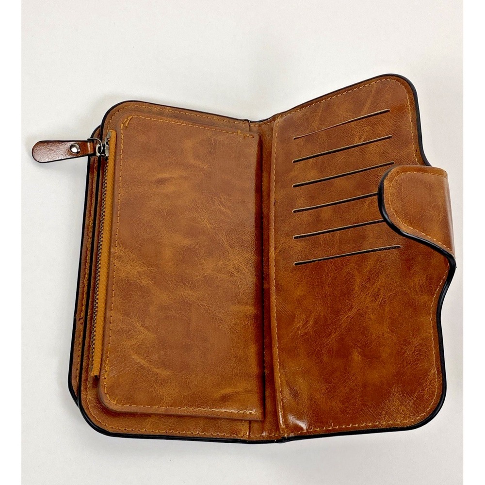 Menbense Minimalistic Oilwax PU Leather Ladies 7" Long Wallet Brown - Picture 3 of 7